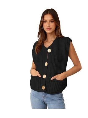 Black Sleeveless Chunky Knit Button Vest Sweater